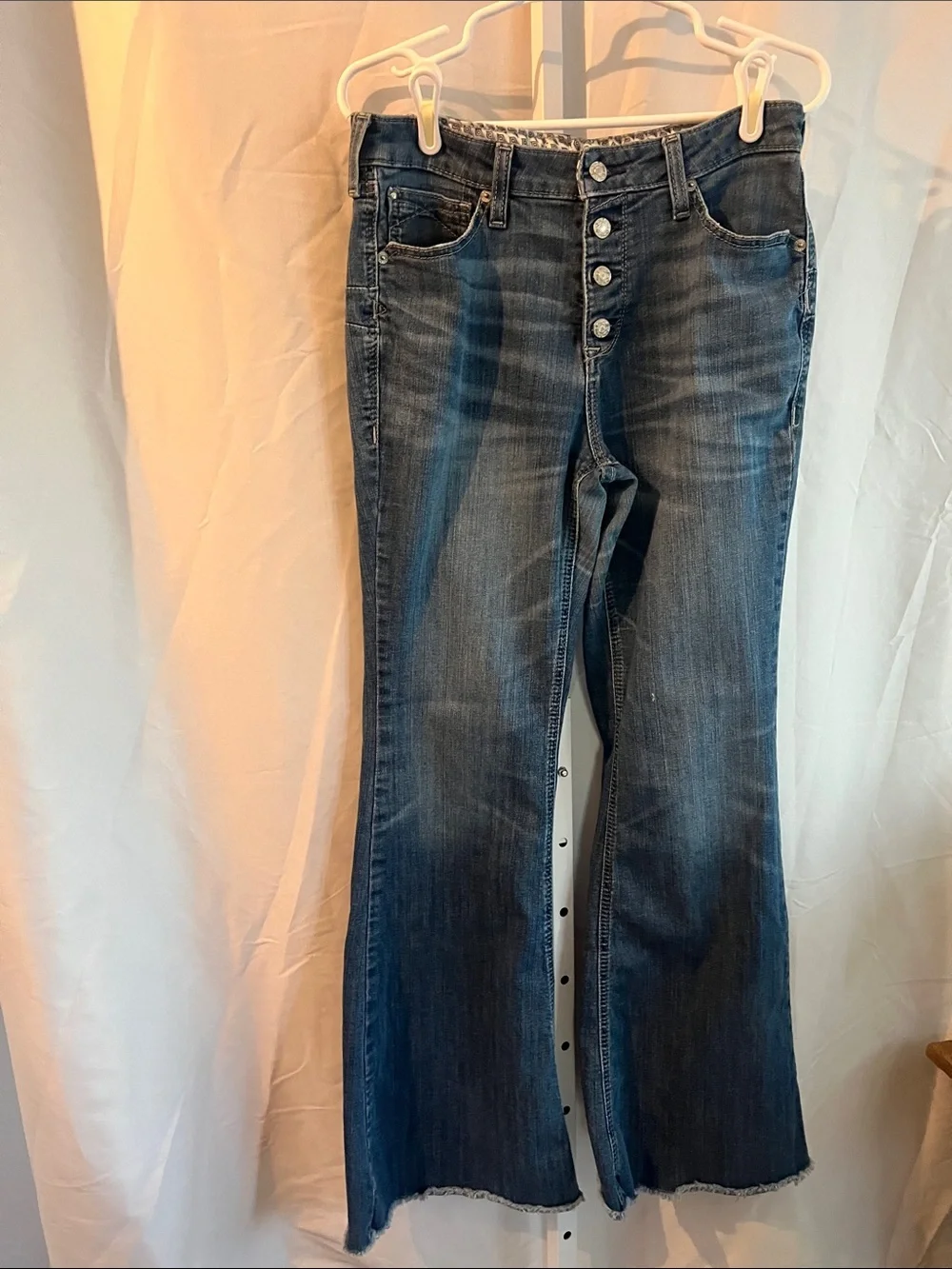 Ariat Dark Blue High Ruse Flare Jeans with Raw Hem 12” Flare Button Fly - Picture 12 of 16